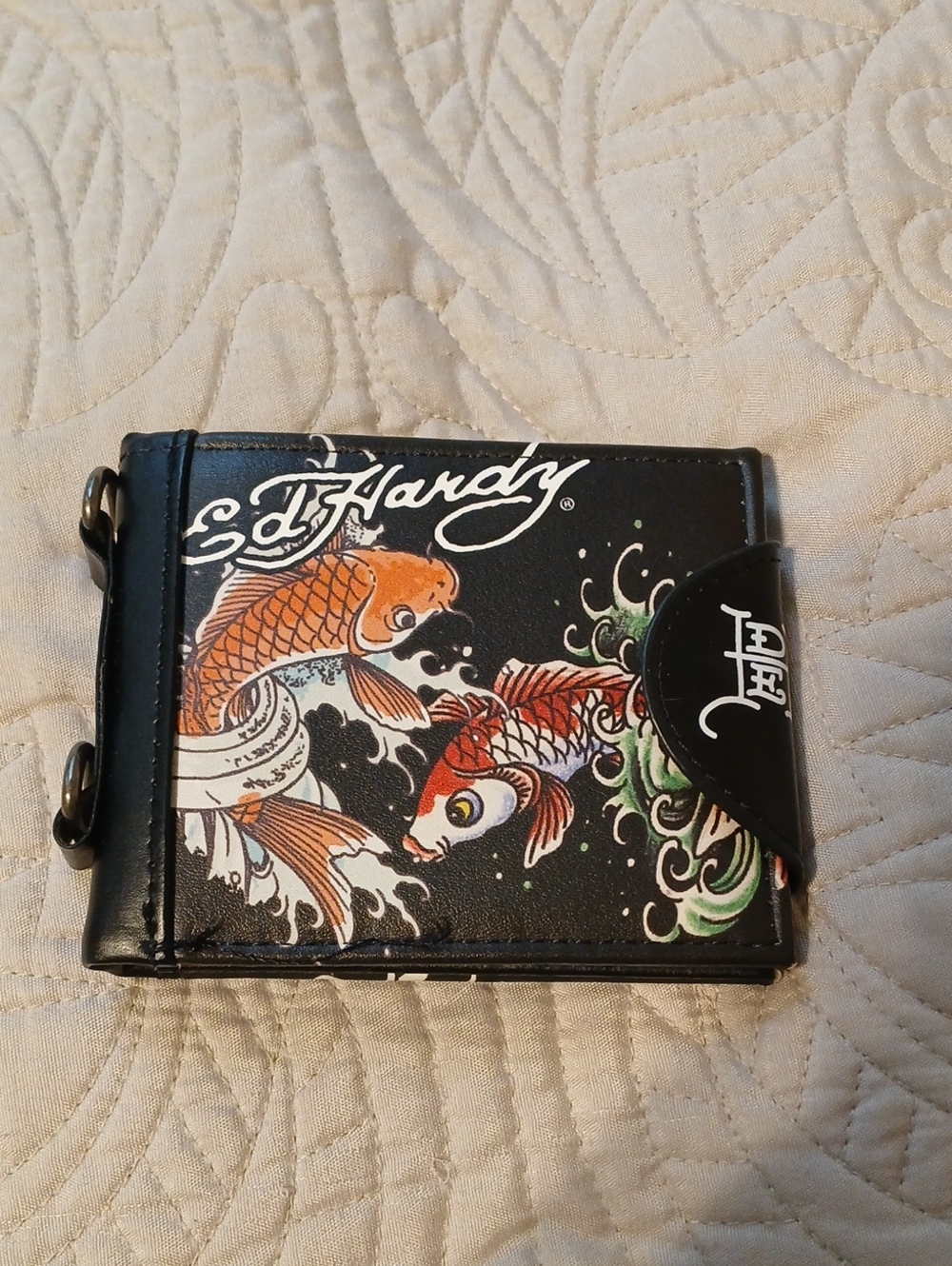 Ed Hardy Black Wallet with Orange & Red Koi Fish Design